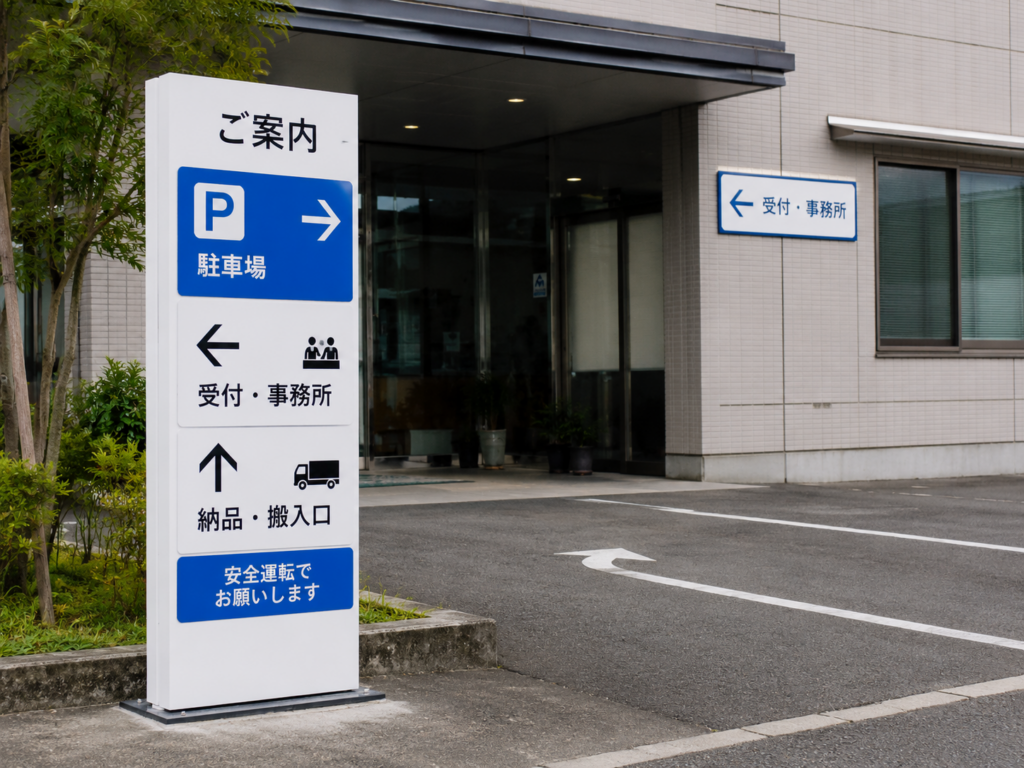 福島県いわき市の看板屋スエヒロ広告の入口・駐車場・受付へ分かりやすく誘導する案内看板のイメージ